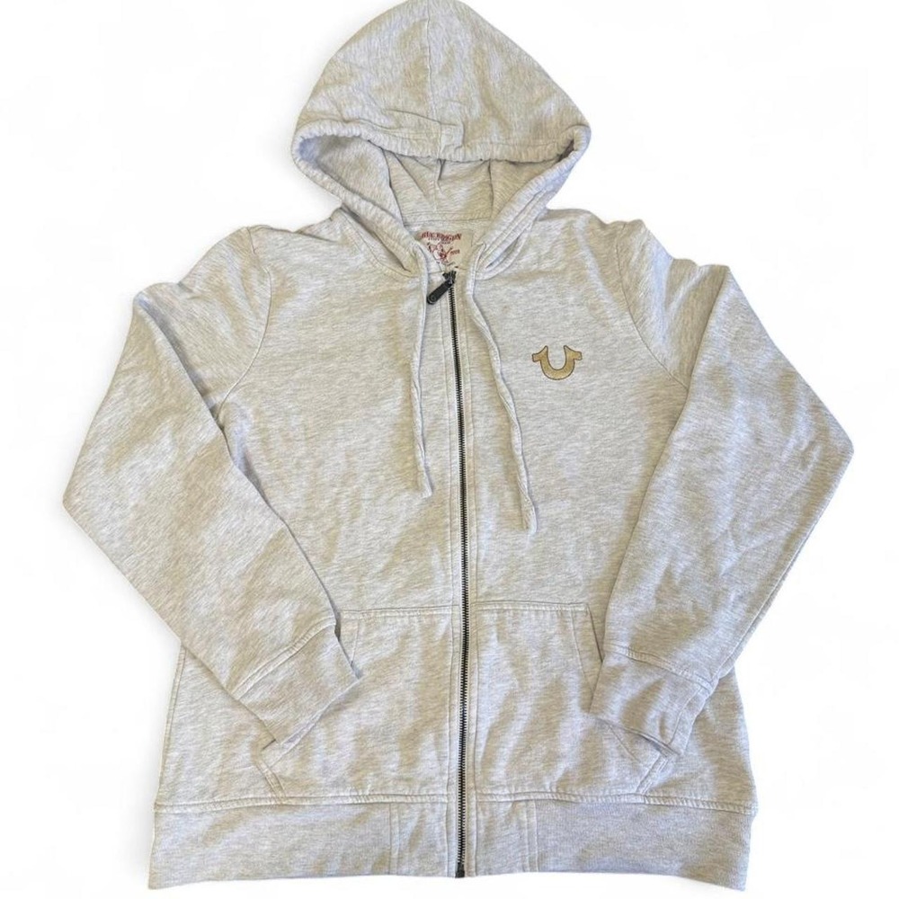 Gray/white True Religion zip up hoodie with gold logo, size XL